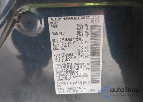 2014 Nissan Rogue Sv from USA, damaged, VIN 5N1AT2MTXEC839862